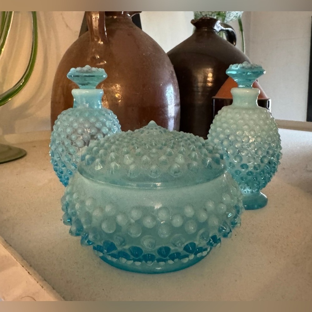 Vintage 1940s Fenton Blue Opalescent Hobnail Vanity Set